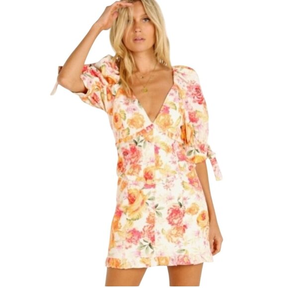 For Love & Lemons Julep Mini Dress Linen Blend Floral Deep V Size M - Picture 1 of 12